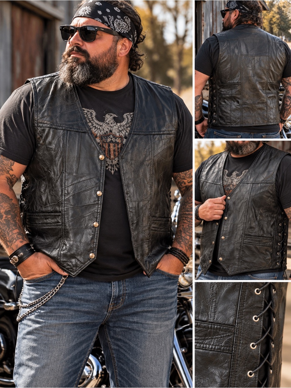 Caribou Creek 3XL Black Lambskin Leather Biker Vest Lace Up Patchwork Motorcycle